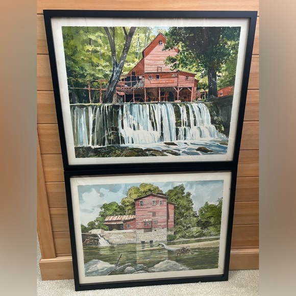 Signed Pen & Ink Watercolor Americana Red Barn Original Art 2pc Set of Paintings - Picture 1 of 10